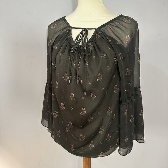 WHBM Whimsigoth Top Sheer Floral Bell Sleeve Peasant Boho Fairy Goth Vamp Green - Picture 4 of 11